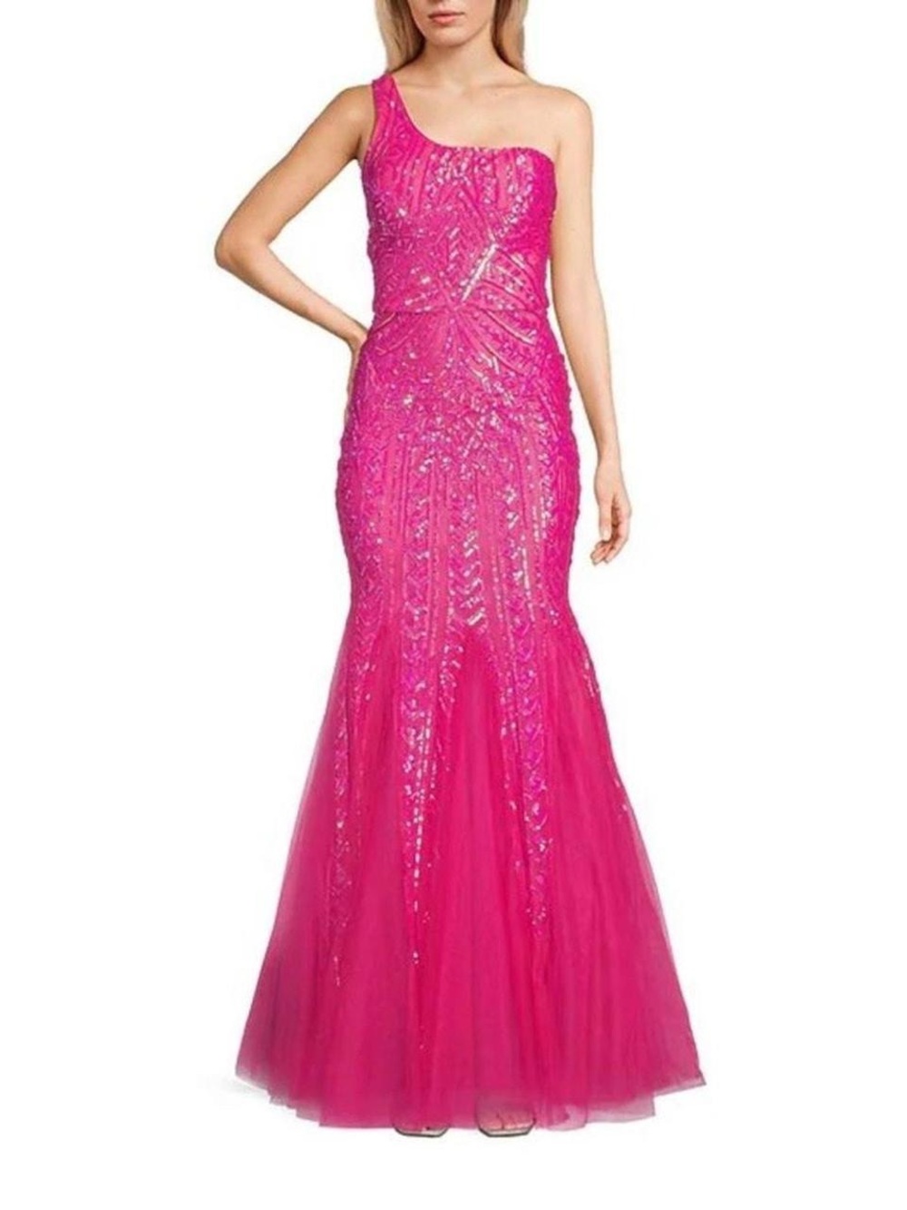 B Darlin One-Shoulder Fuchsia Sequin Mermaid Gown